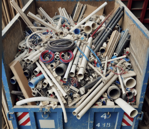 Jumble of plastic pipes in a construction dumpster